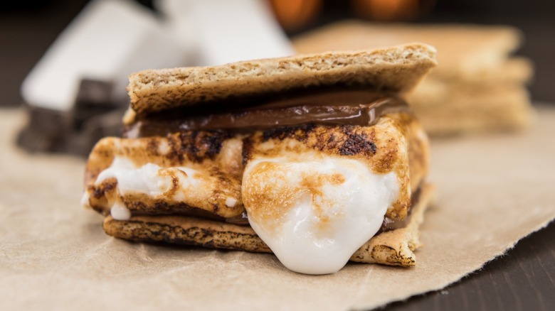 Close-up of a s'more with gooey marshmallow