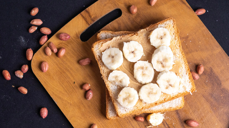 Peanut butter toast with sliced bananas