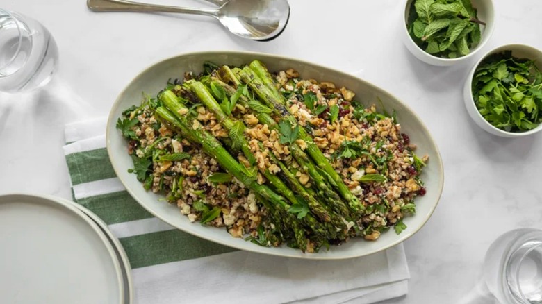 Spring harvest farro salad in a dish