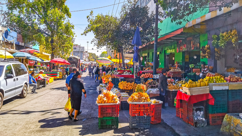 A collection of fruit stands in Mexico City