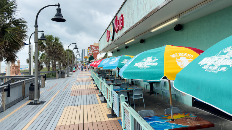 A boardwalk lined with restaurants in Myrtle Beach, South Carolina