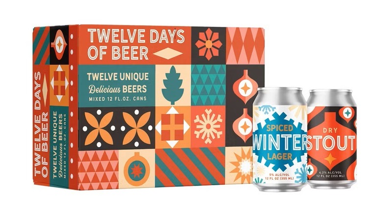 Twelve Days of Beer advent calendar with two cans of beer in front of it against a white background