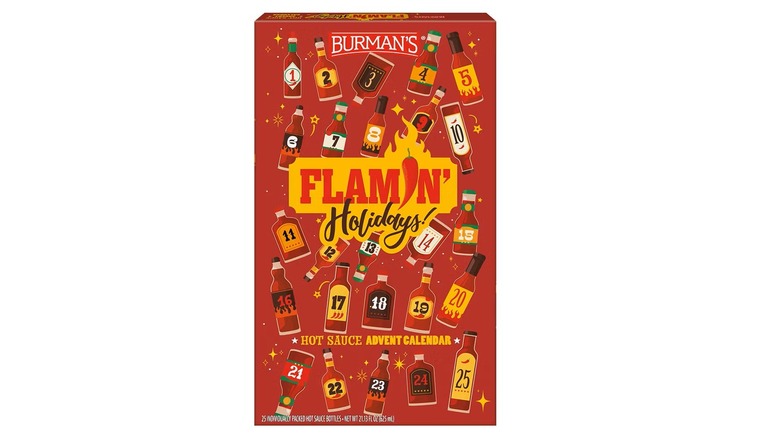 Burman's Flamin' Holidays hot sauce advent calendar against a white background