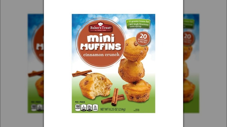 A box of Baker's Treat Cinnamon Crunch Mini Muffins on white background