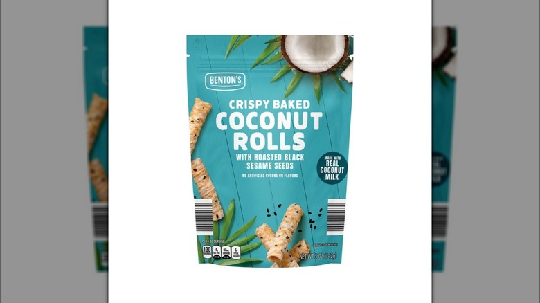A blue bag of Benton's Coconut Rolls sweet snack