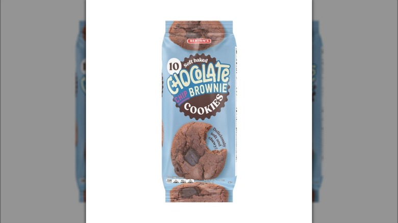 A blue package of Benton's Soft Baked Chocolate Chip Brownie Cookies on white background