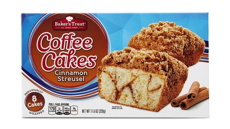 Package of Baker's Treat cinnamon streusel coffee cakes with image of product sliced open on surface