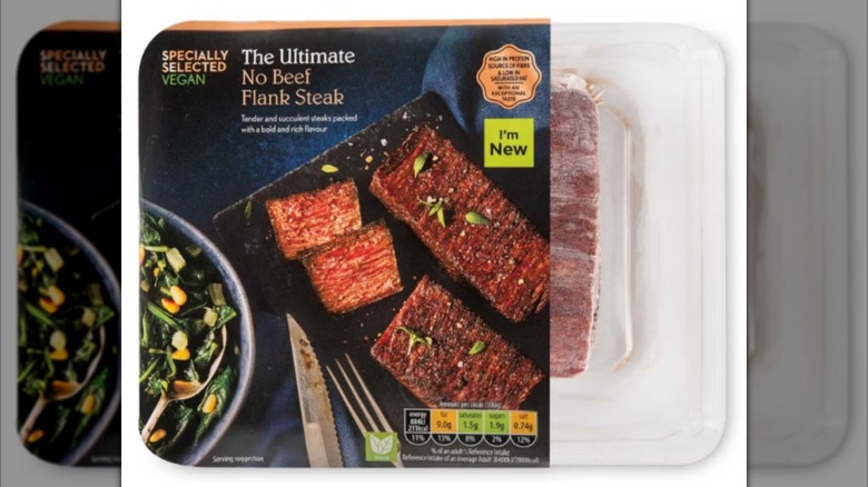 Mirrored image of No Beef Flank Steak packet against white background