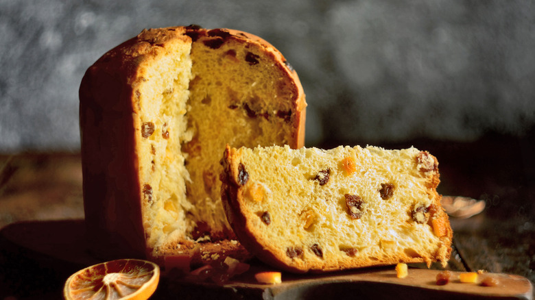 Panettone sliced open, a traditional Italian Christmas bread