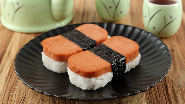 Two portions of spam musubi on plate