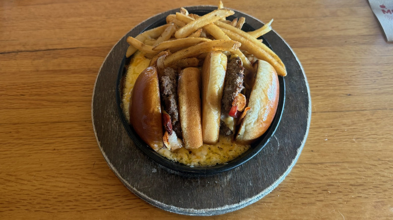 Applebee's O-M-Cheese Burger with fries.