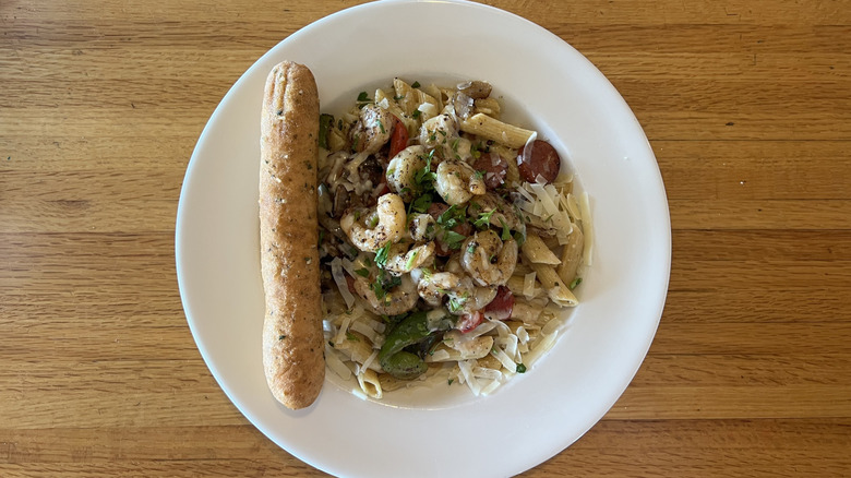 Applebee's blackened shrimp and andouille sausage penne breadstick.