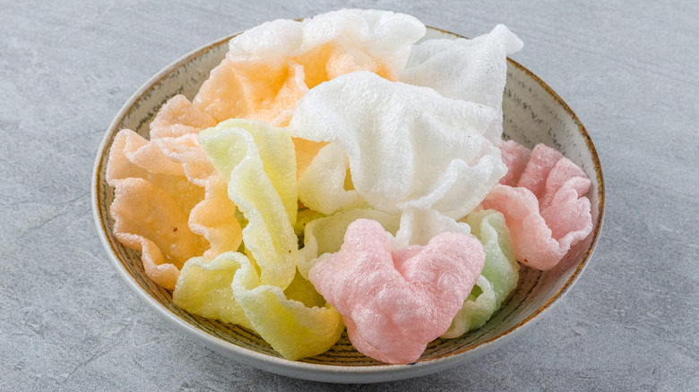 Colorful fried shrimp chips in a bowl