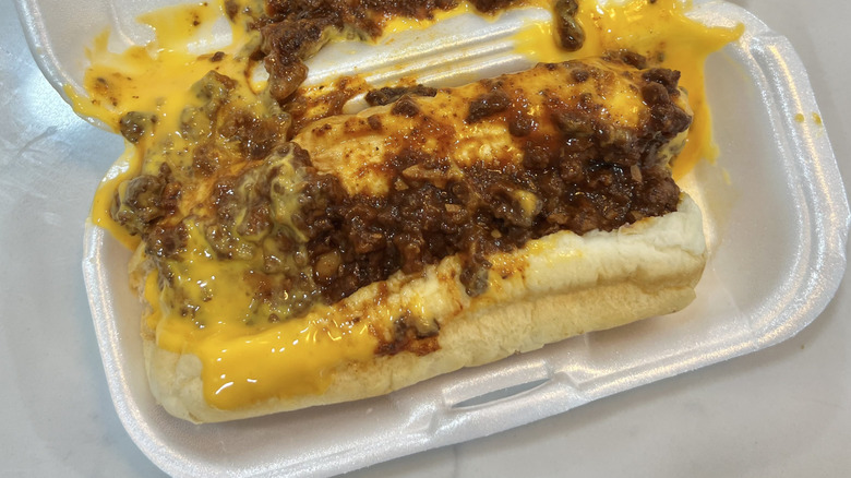 A&W Coney Cheese Dog in to-go box.