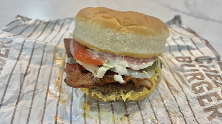 A&W double bacon cheeseburger on to-go wrapper.