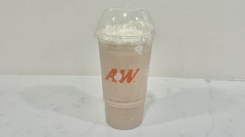 A&W chocolate shake in to-go cup.