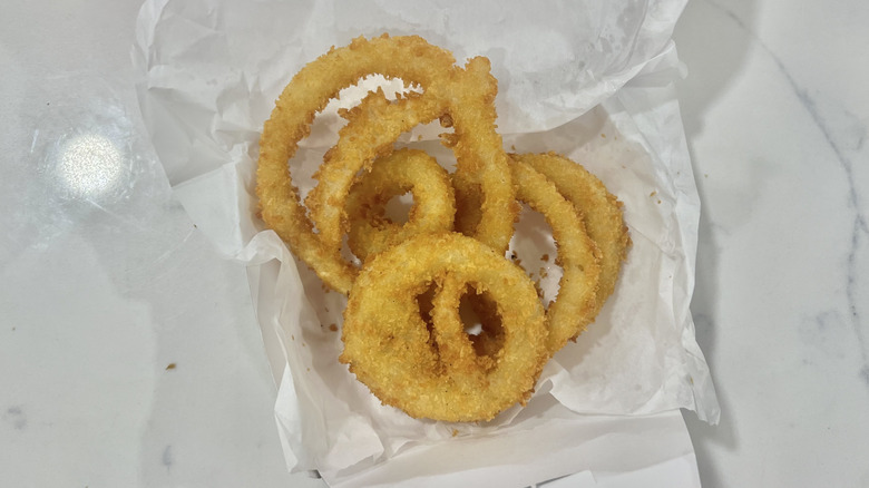 A&W onion rings in to-go box.