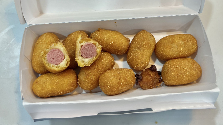 A&W mini corn dog nuggets in to-go box.