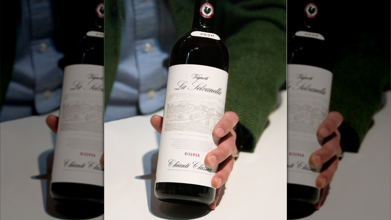 hand holding red wine bottle