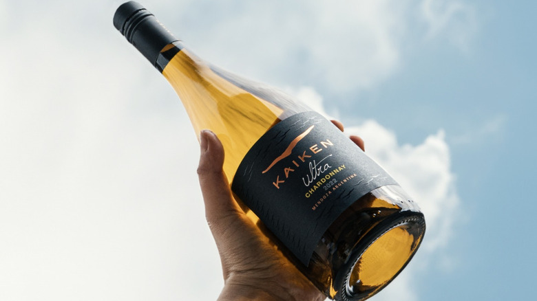 Hand holding a bottle of Ultra Chardonnay 2023 against the sky