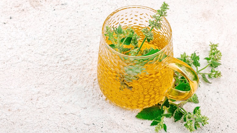 Cup of lemon balm tea and lemon leaves placed on a white surface