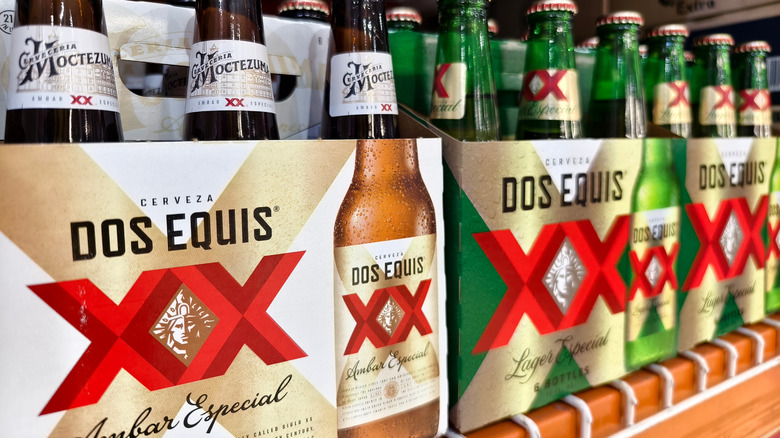 Six packs of two types of Dos Equis shown stacked together on a shelf