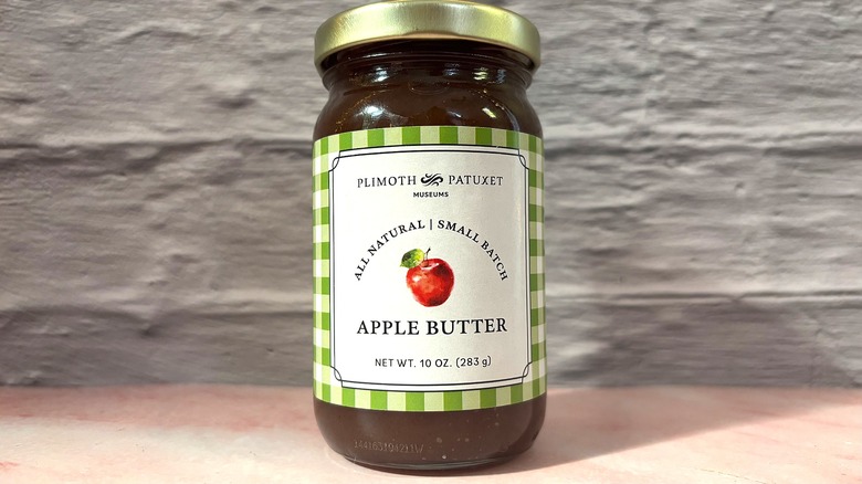 Jar of Plimoth Patuxet Apple Butter on pink table