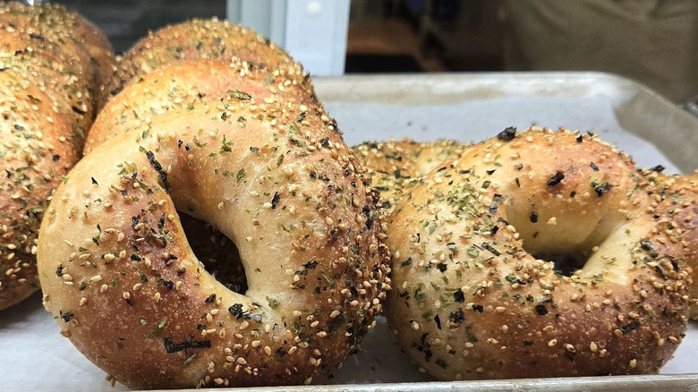 Furikake bagels on a tray