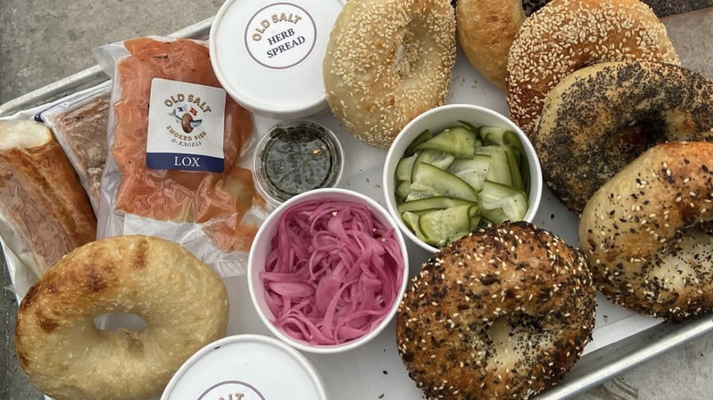 Bagel bar and condiments on a tray