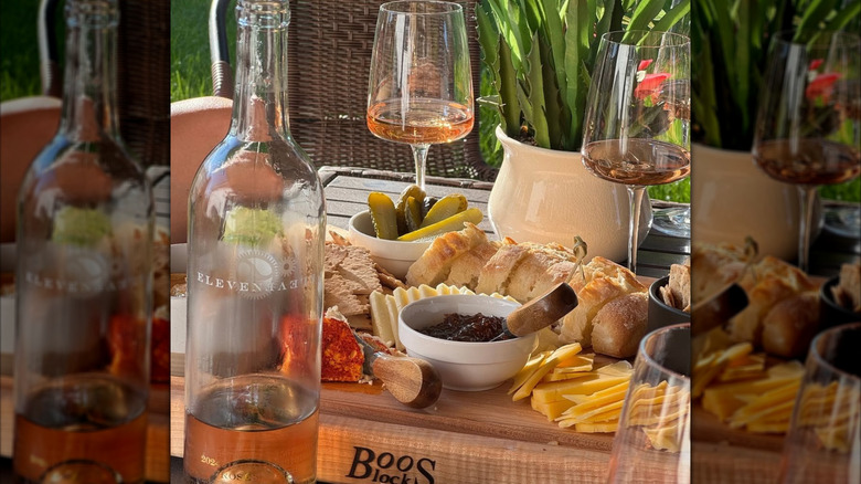 rose wine with cheese and charcuterie spread