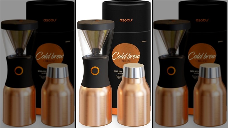 Copper-colored Asobu cold brew coffee maker with box and separate view of tumbler