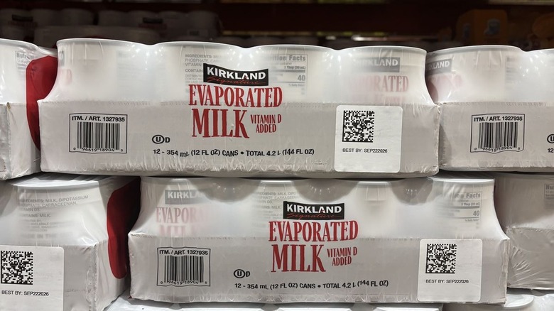 kirkland signature evaporated milk case on shelf