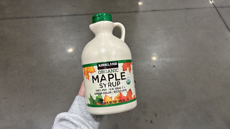 kirkland signature pure maple syrup container on shelf