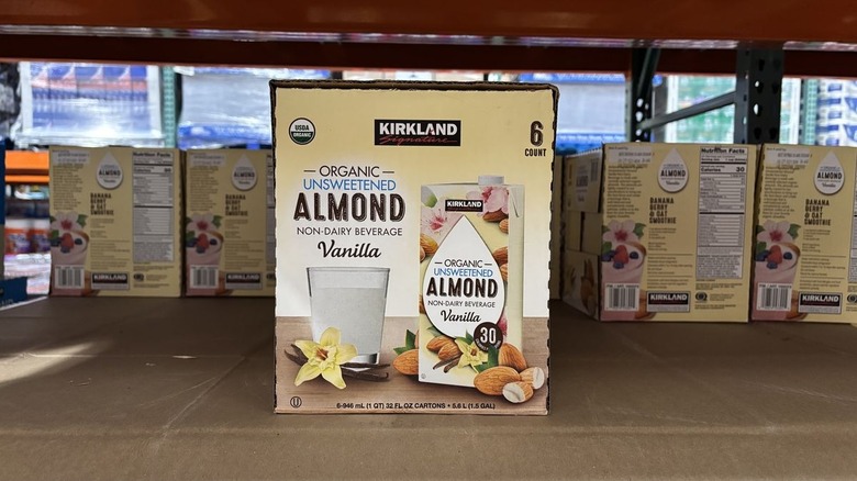 kirkland signature vanilla almond milk package on shelf