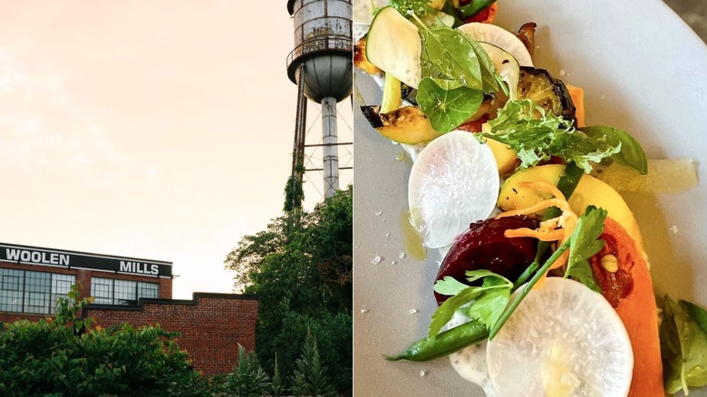 Split image of Broadcloth restaurant exterior and vegetable tapas dish