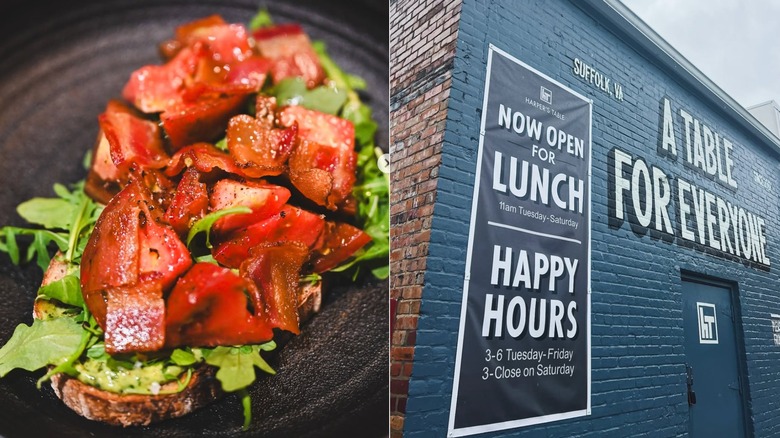 Split image of Harper's Table in Suffolk's heirloom tomato dish and its exterior