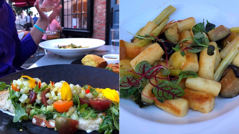 Split image of Wine Kitchen Leesburg dinner of panzanella and gnocchi