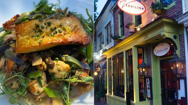 Split image of Vermilion restaurant in Alexandria featuring food and exterior