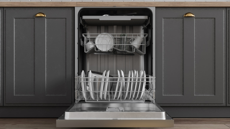 Front view of an open dishwasher