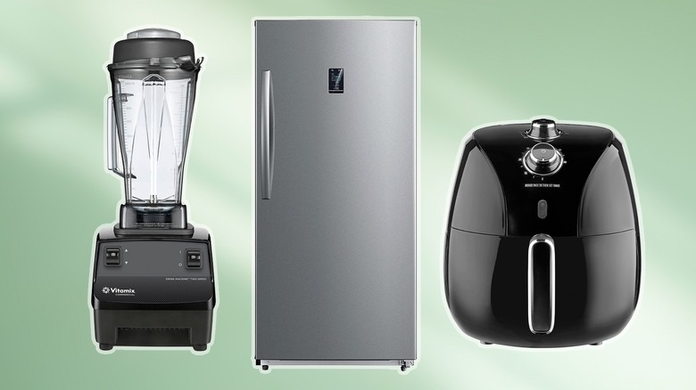 A composite image of blender, fridge, and air fryer with a green background.