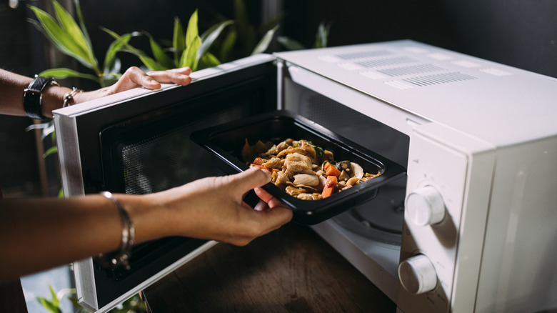 person placing a plate of food into a white microwave