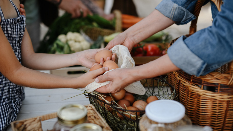 A person being handed eggs at a farmers market