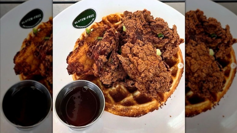 a plate of gluten-free fried chicken and waffles