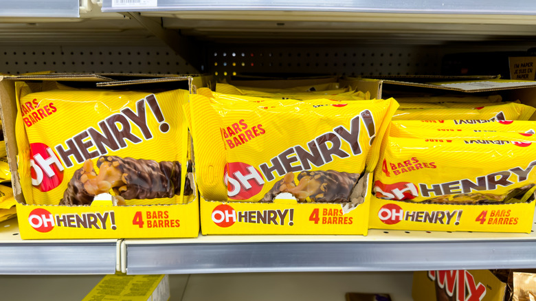 A view of several packages of Oh Henry! candy bars, on display at a local grocery store.