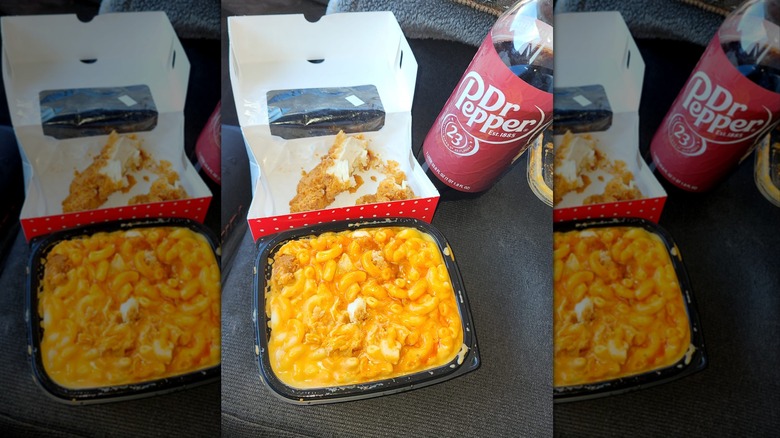 Kwik Trip buffalo chicken mac and cheese, chicken tenders, and Dr. Pepper