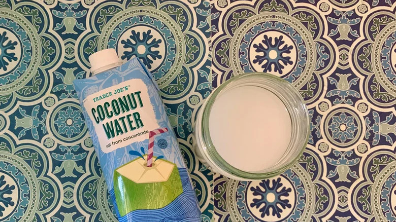 Trader Joe's coconut water with a glass