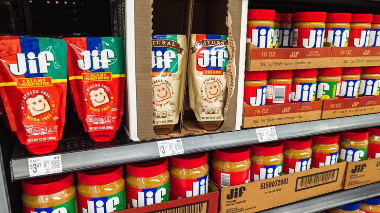retail display of Jif peanut butter products
