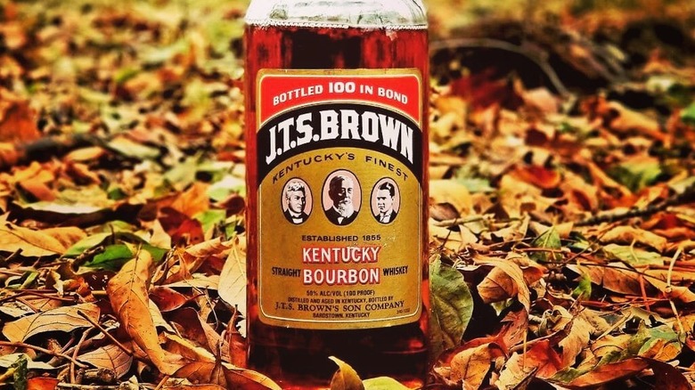 A close-up of a bottle of J.T.S. Brown with fall leaves in the background