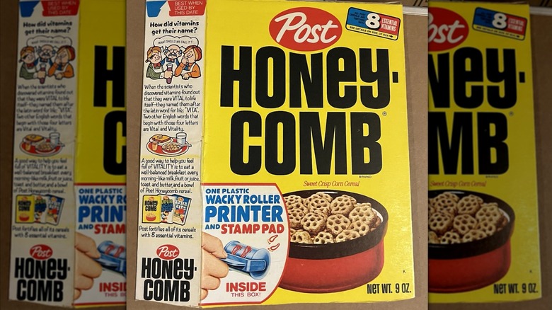 Vintage flattened Honeycomb cereal box on wooden table, mirrored image