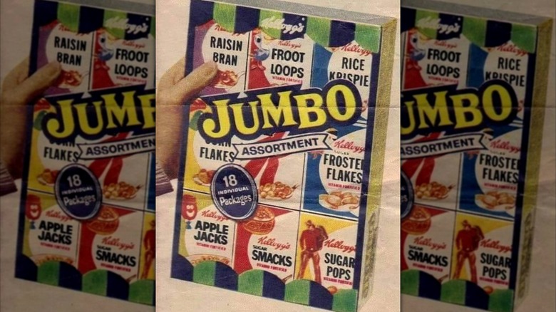 Mirrored image of hand holding Kellogg's Jumbo Assortment pack, close up from print ad